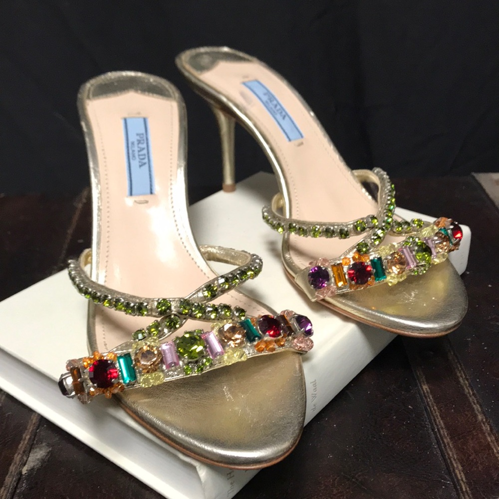 PRADA jeweled open toe heels metallic gold